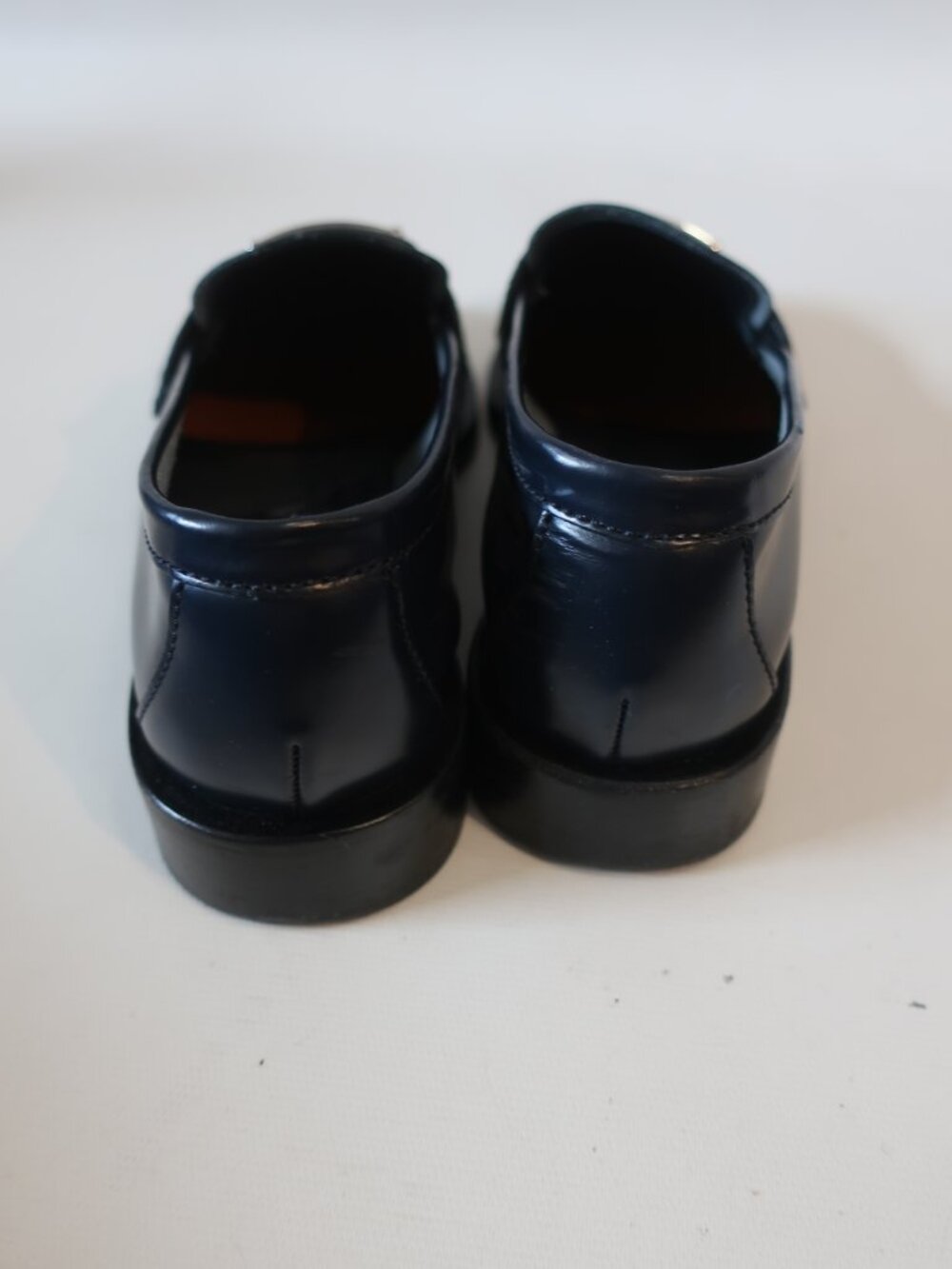 Authentic Womens Prada Dark Navy Blue Brushed Leather Logo Loafers 35.5 US/5.5 - Picture 6 of 16
